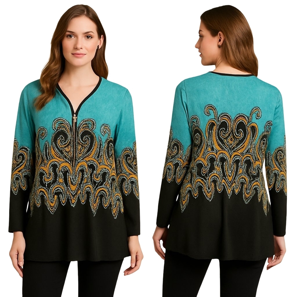 BOB MACKIE Womens Zip Tunic Top Plus Size 2X Turquoise Black Artwear - Picture 1 of 13